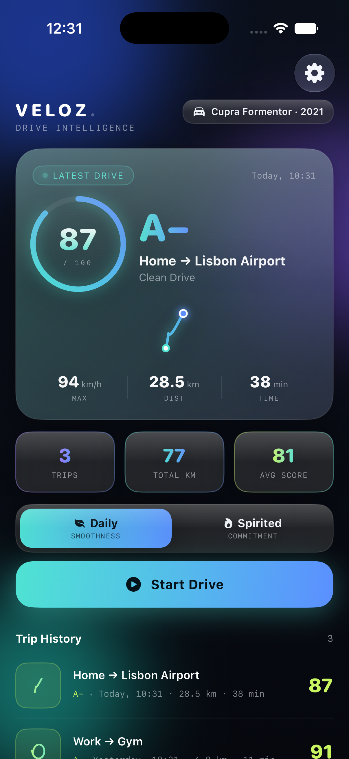 Home screen with trip history and scores